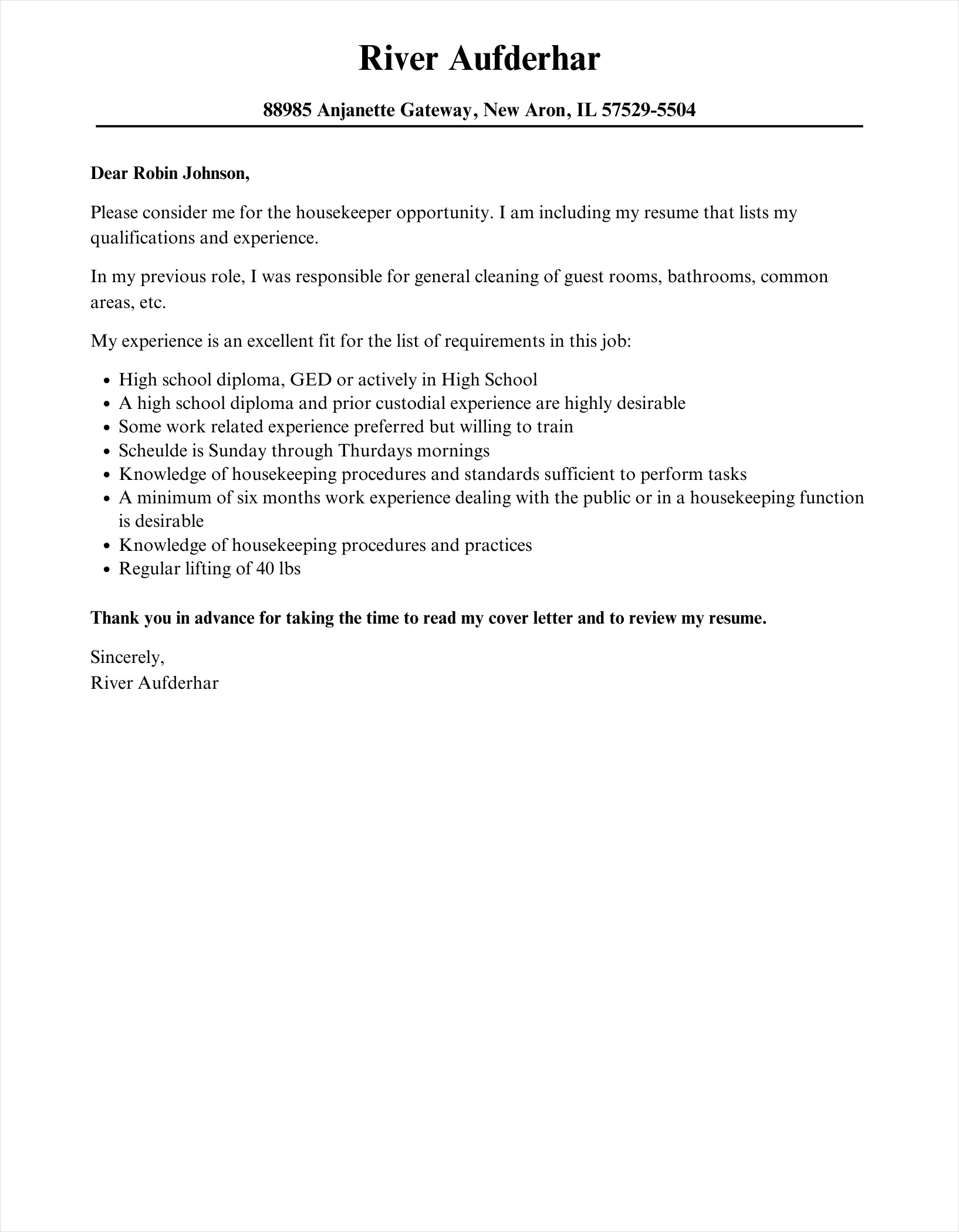 housekeeper cover letter template example