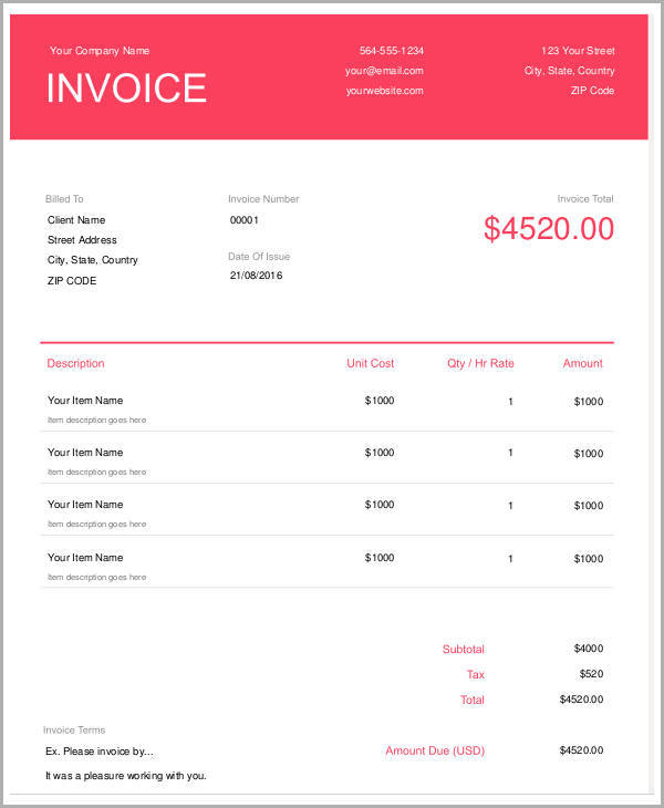 invoice template for designer sample