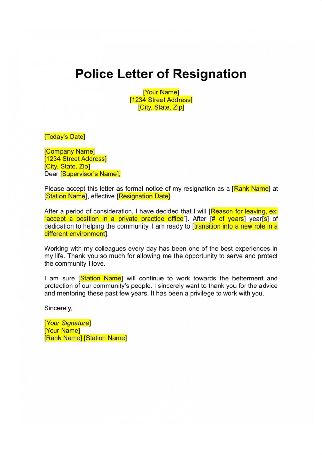 law enforcement resignation letter template