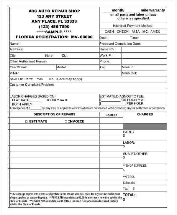 mechanic shop invoice template sample