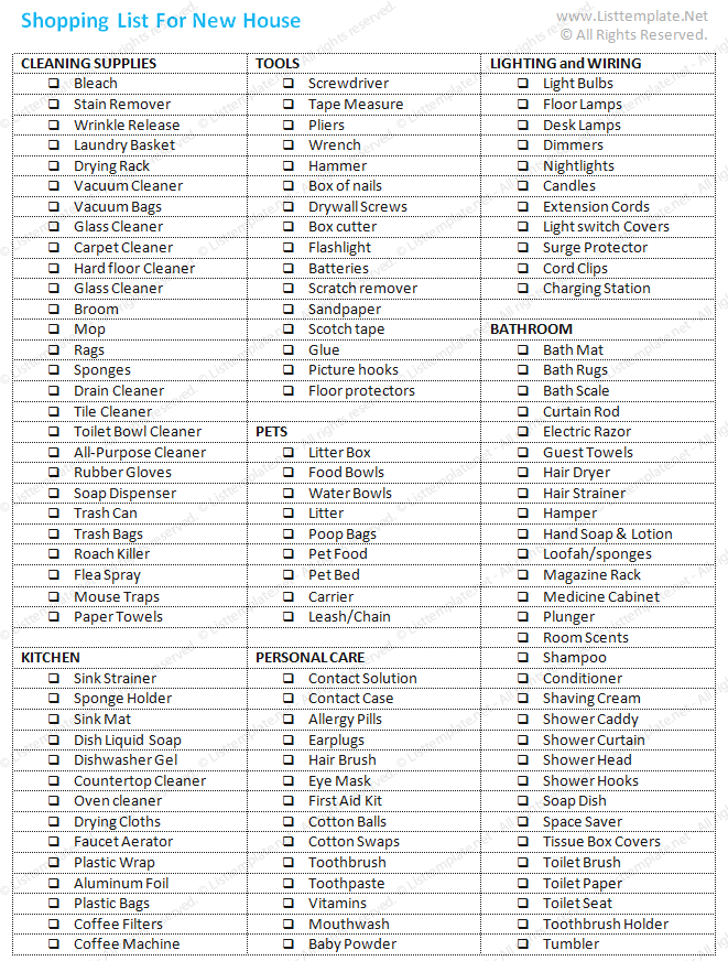 new house shopping checklist template