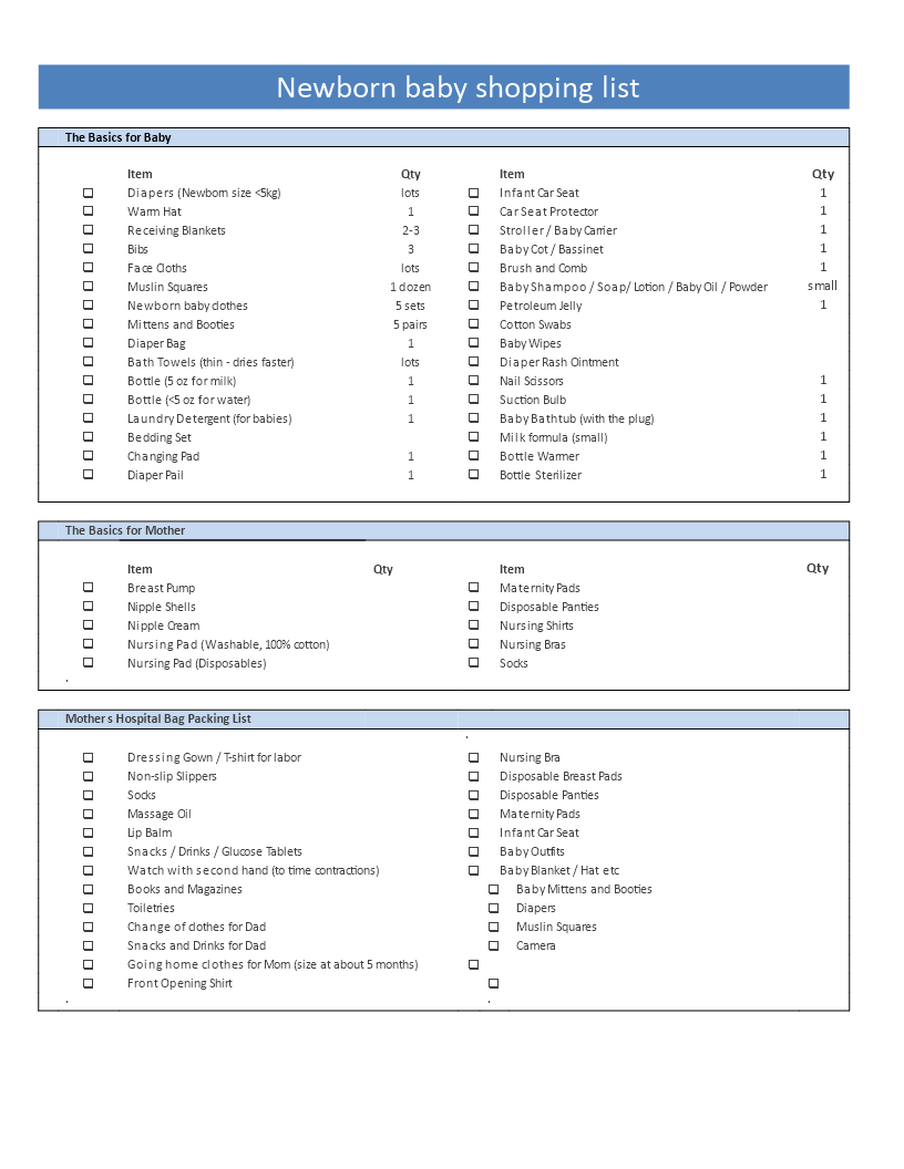 newborn shopping checklist template example