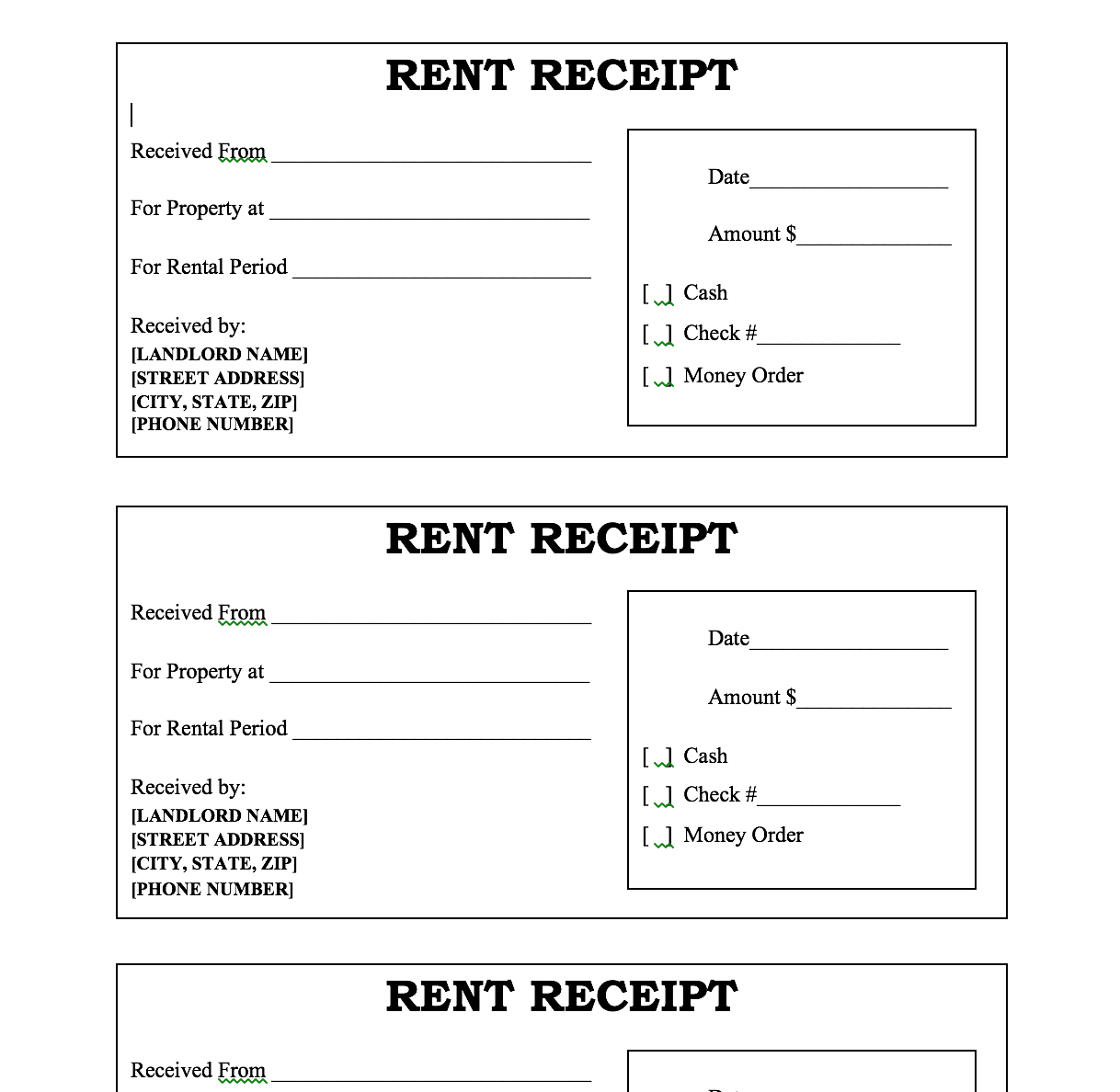 payment rent receipt template example