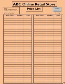 price list template
