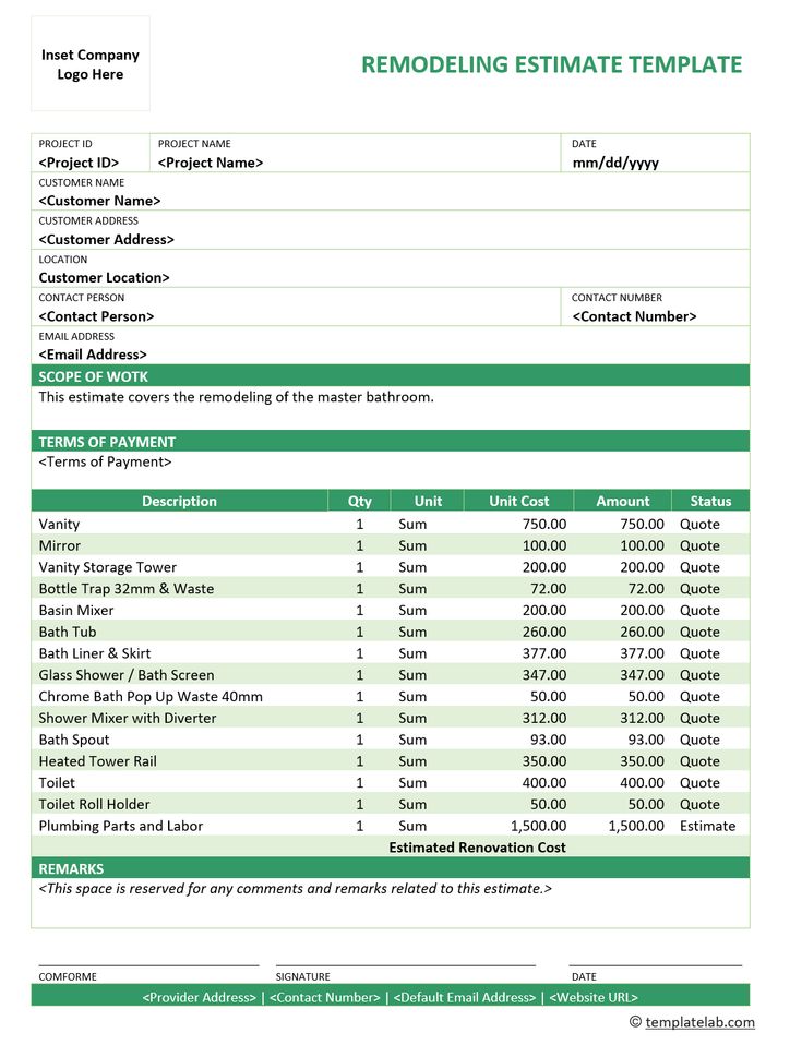printable home renovation estimate template