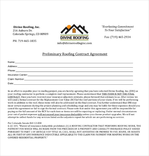 printable roofing contract forms