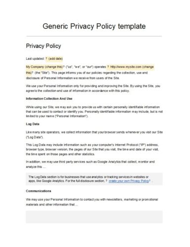 Privacy Template Example √ Free Privacy Policy Template (Word)