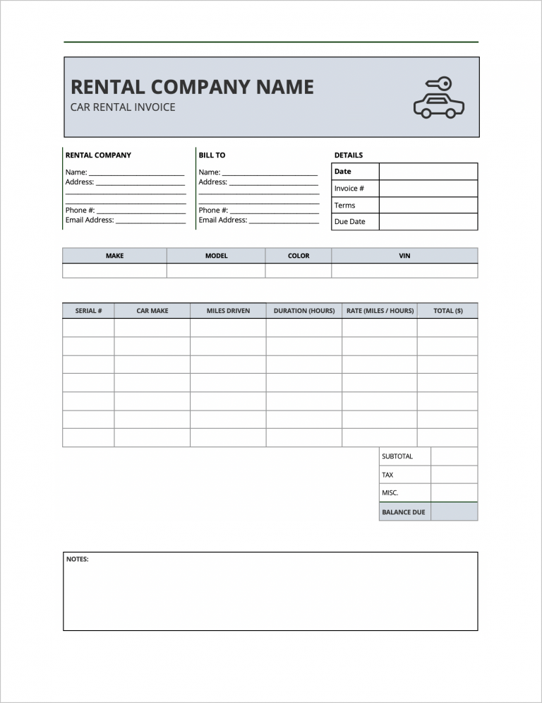 rent a car invoice template sample