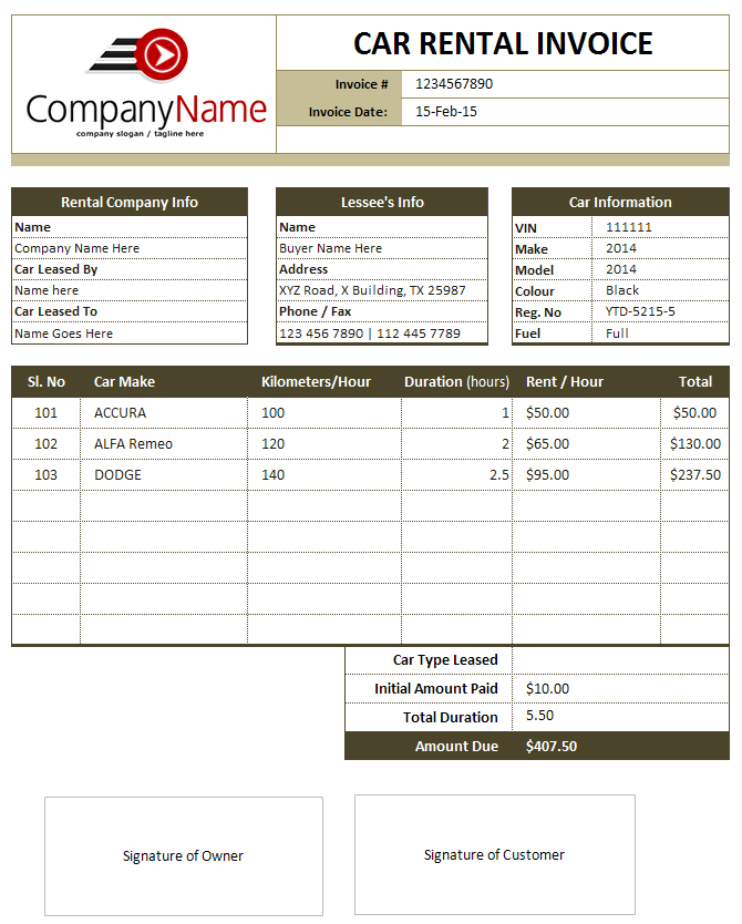 rent a car invoice template