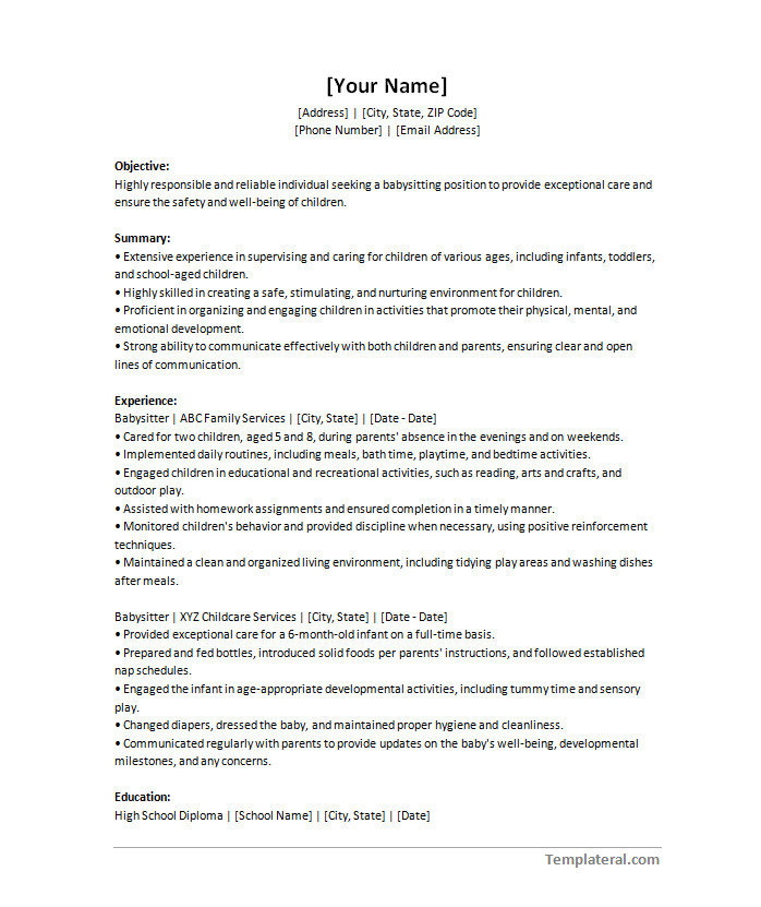 Free editable resume template for babysitting with customizable sections