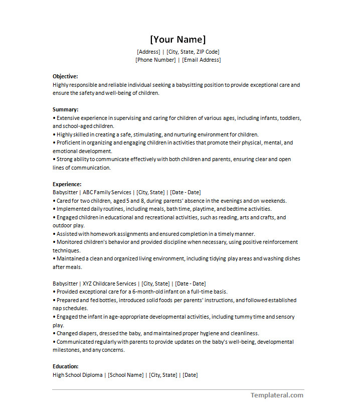 resume template for babysitting Free editable resume template for babysitting with customizable sections