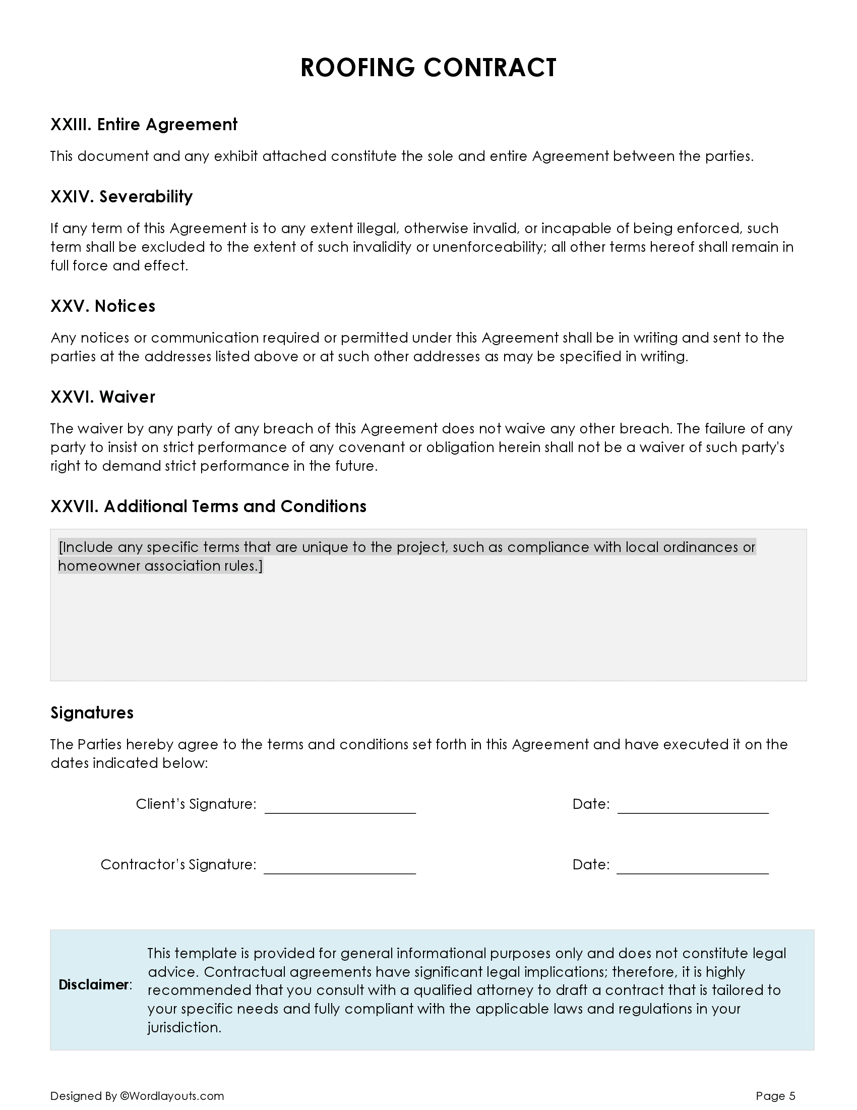 roofing contract template word