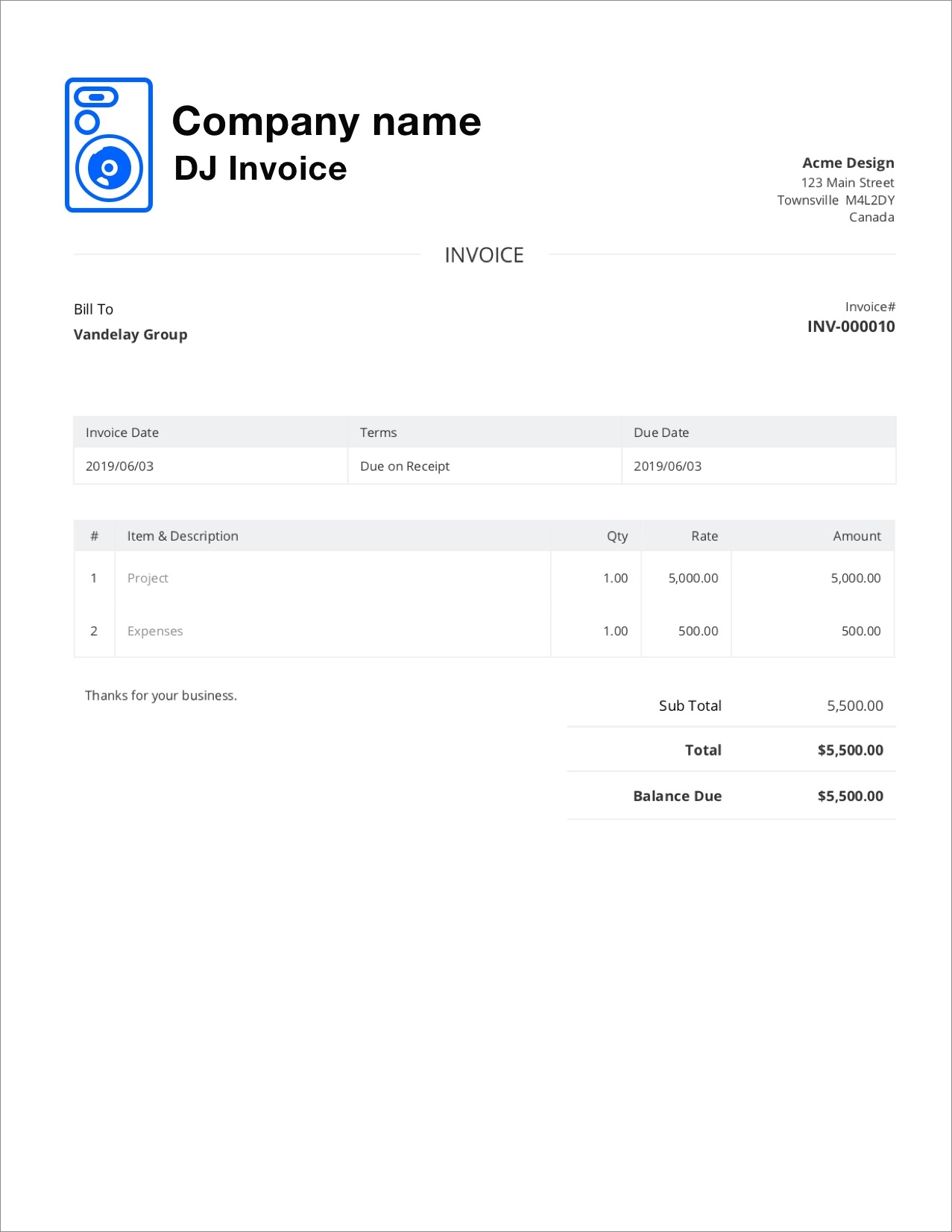 sample of DJ invoice template