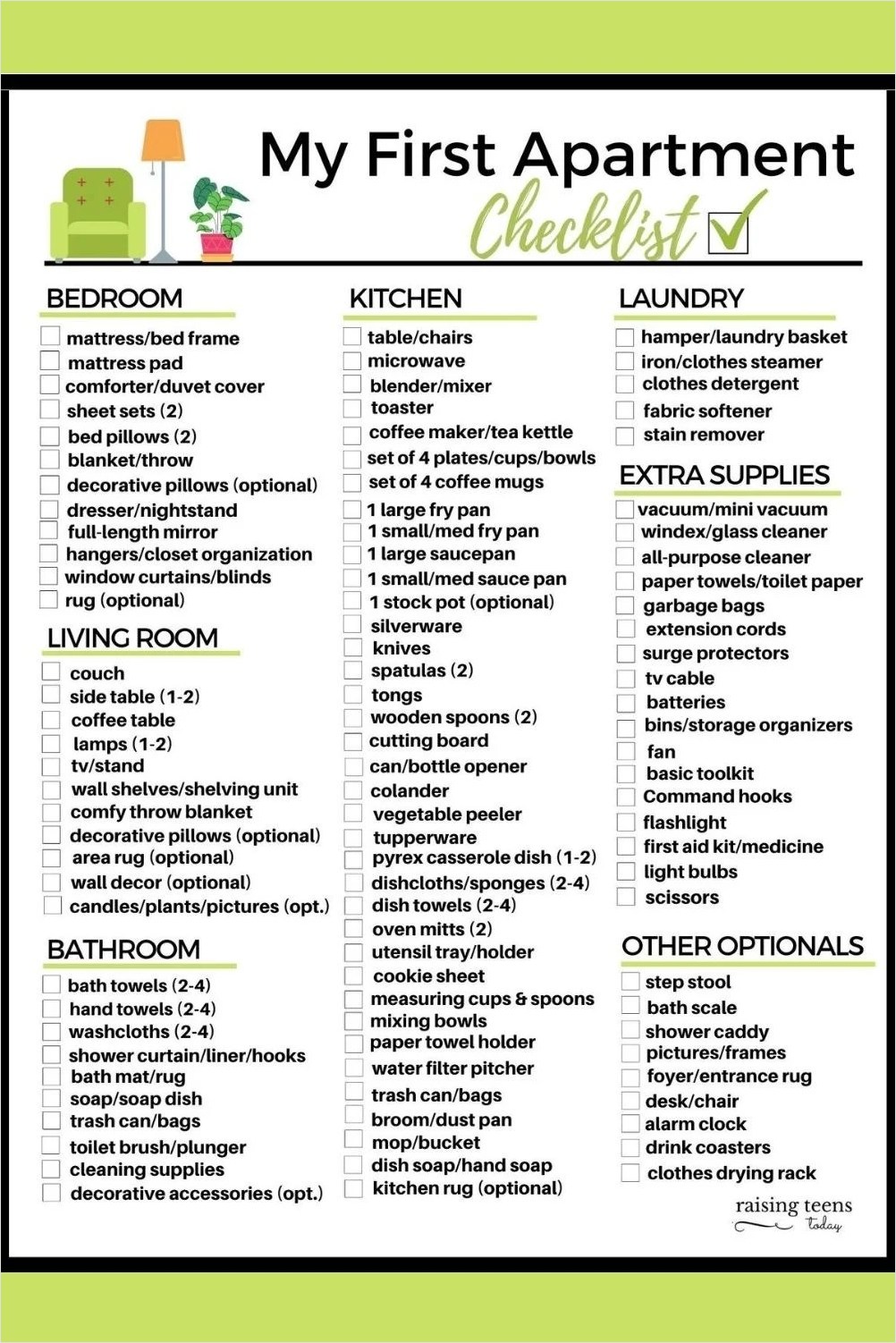 sample of apartment shopping checklist template