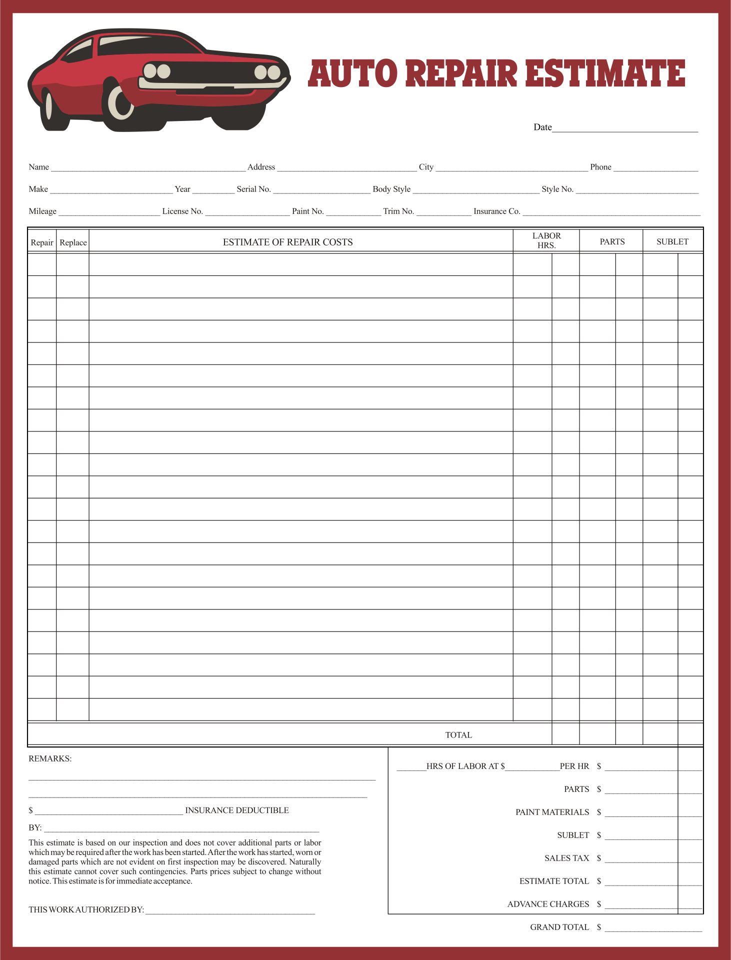 sample of body shop estimate template