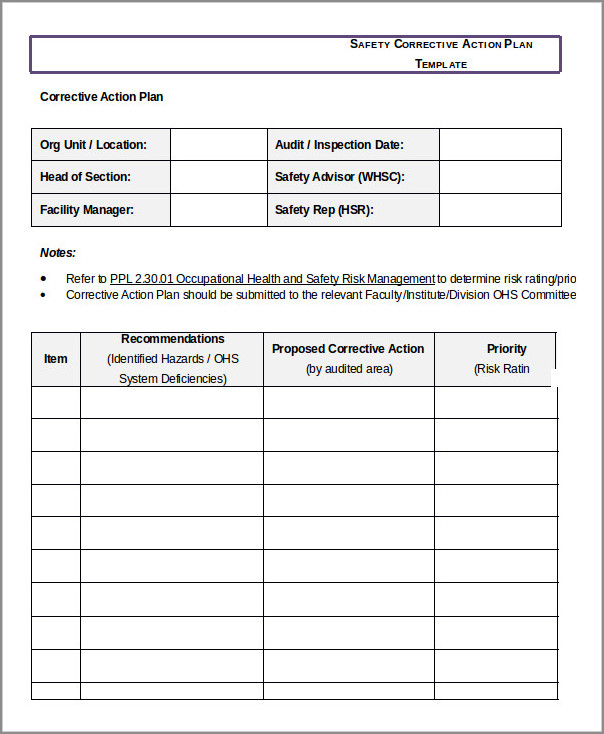 sample of corrective action plan template