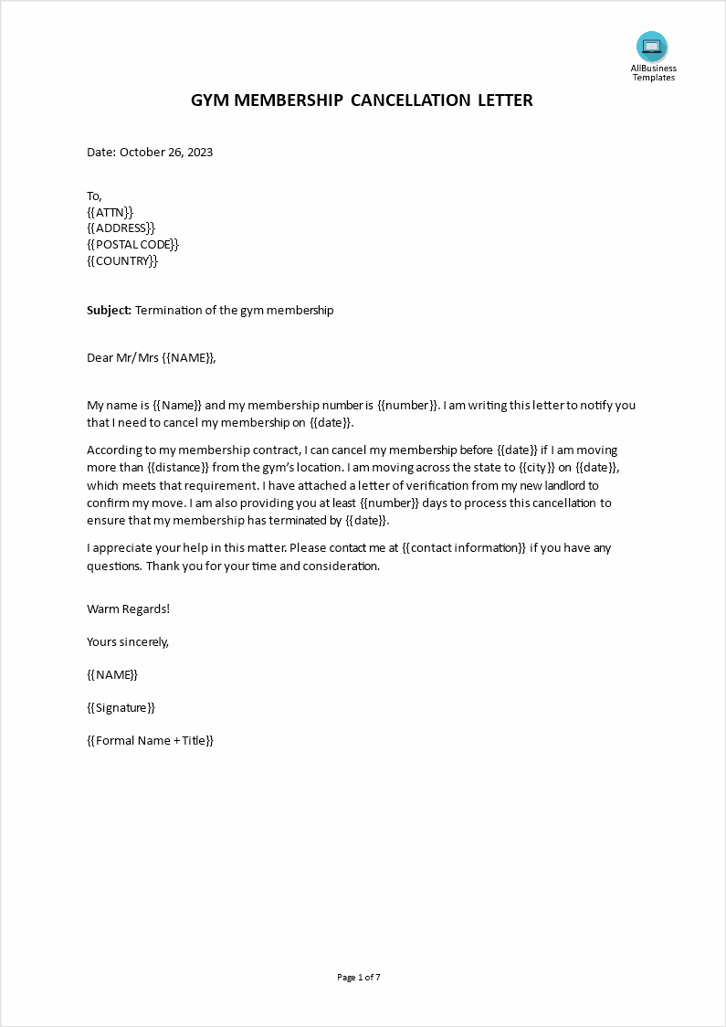 sample of gym termination letter template
