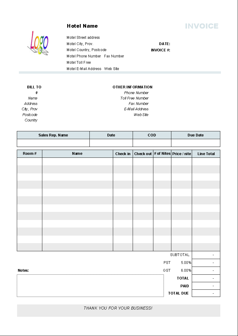 sample of hotel invoice template