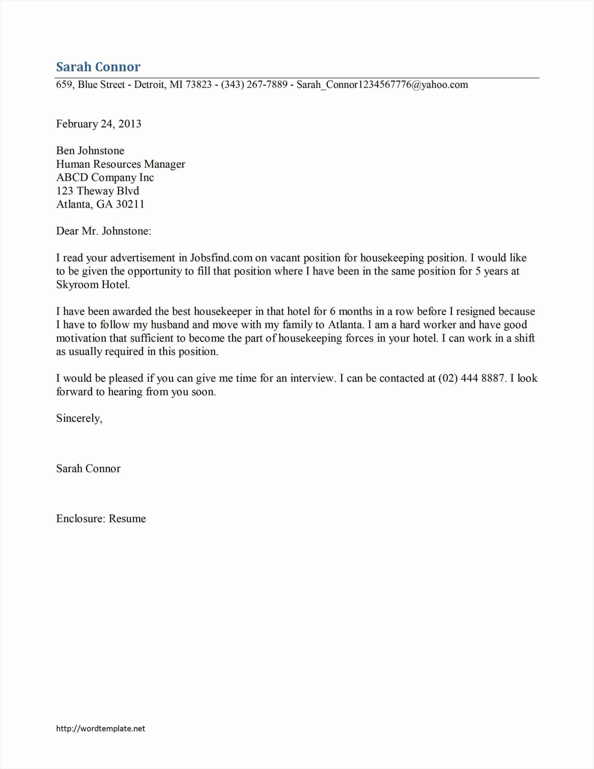 sample of housekeeper cover letter template