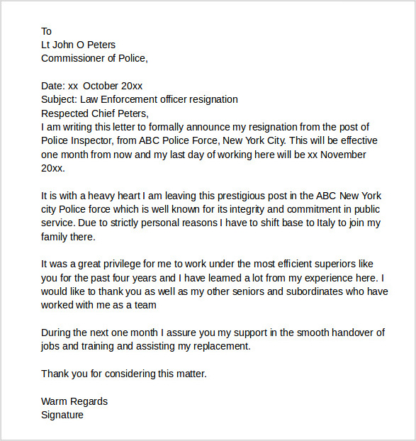 sample of law enforcement resignation letter template