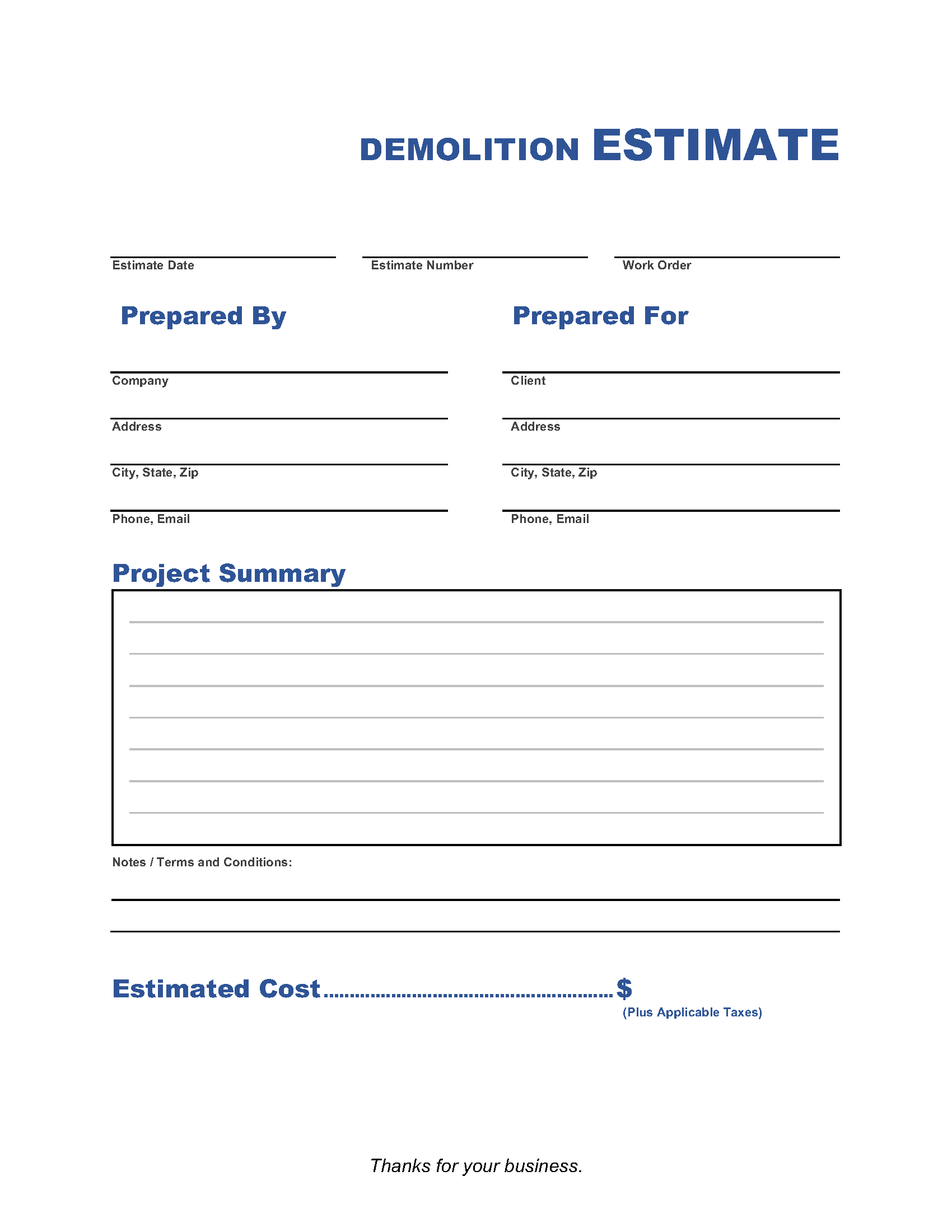 sample of printable demolition estimate template