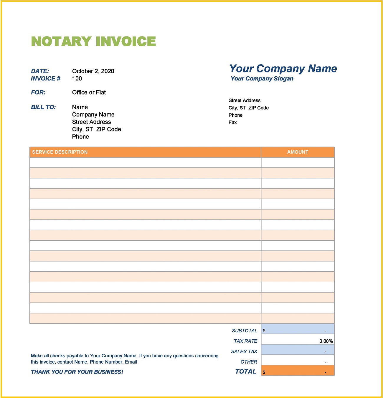 sample of printable notary invoice template