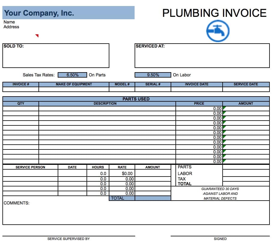 sample of printable plumbing invoice template