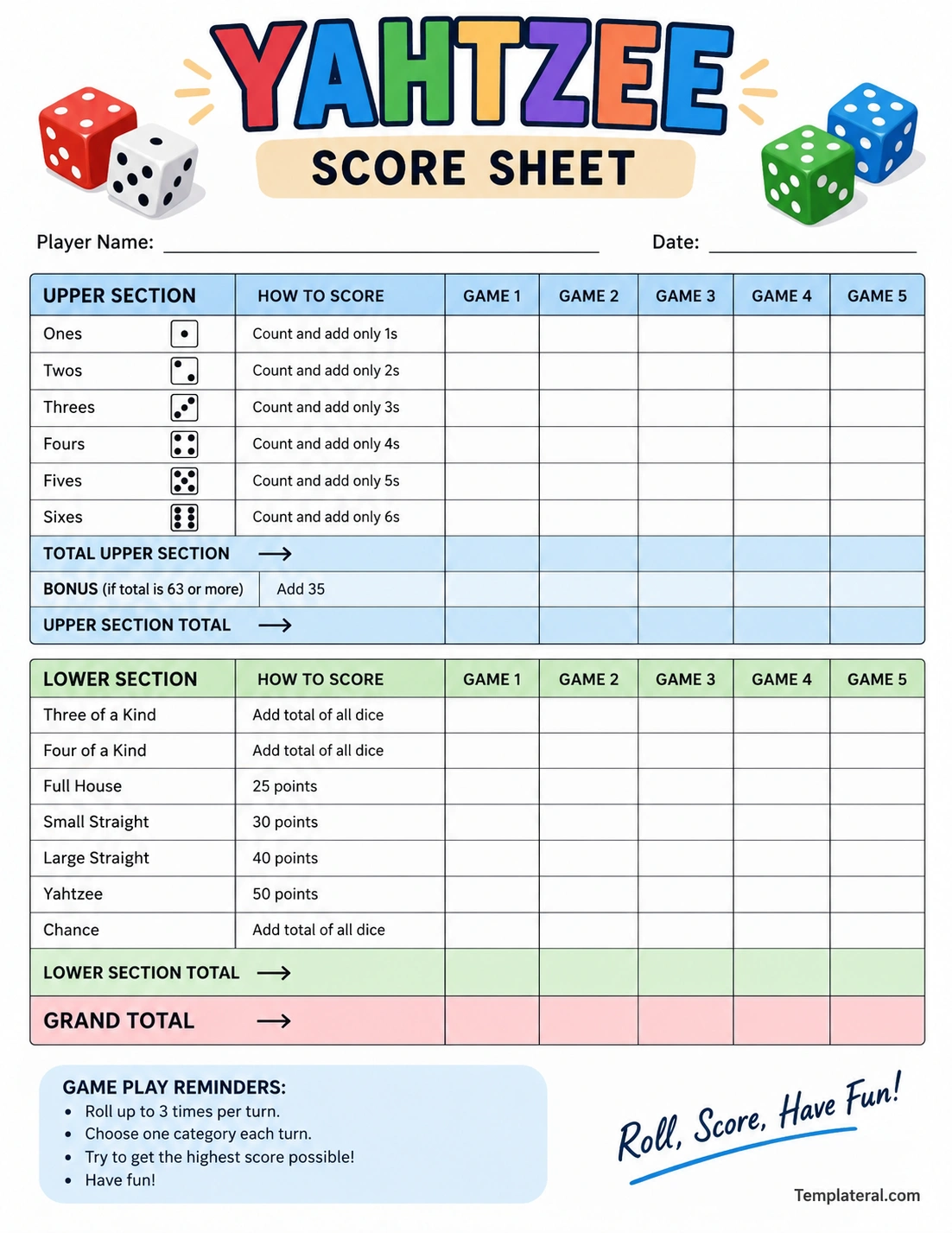 score sheet for yahtzee game Printable score sheet for Yahtzee game with upper and lower scoring sections