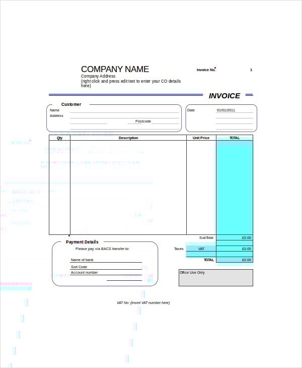 self employed blank invoice template