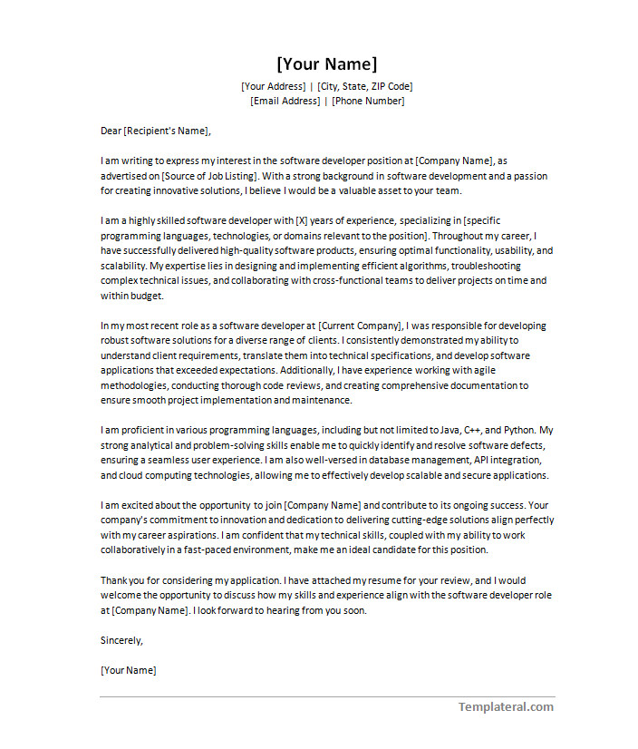 software developer cover letter template Demonstration of crafting tailored content by utilizing a software developer cover letter template