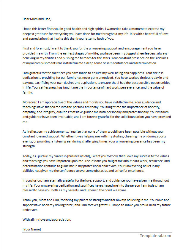 Downloadable thank you letter template for parents from daughter available in Word for easy editing