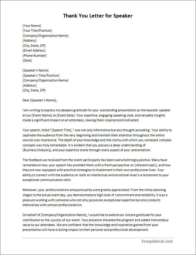 thank you letter template for speaker Demonstration of crafting tailored content by utilizing a thank you letter template for speaker