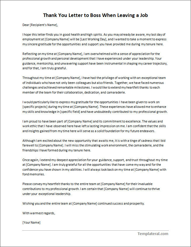 Downloadable thank you letter template to boss when leaving a job available in Word for easy editing